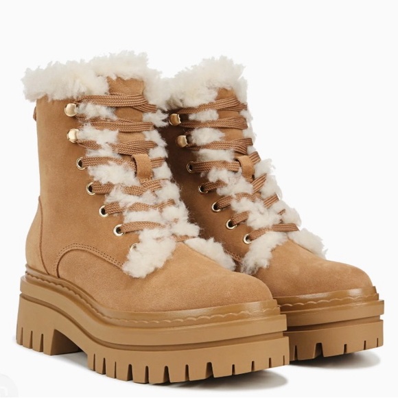 Sam Edelman Kyler 2 Caramel Suede Faux Shearling Combat Boots - Picture 1 of 7
